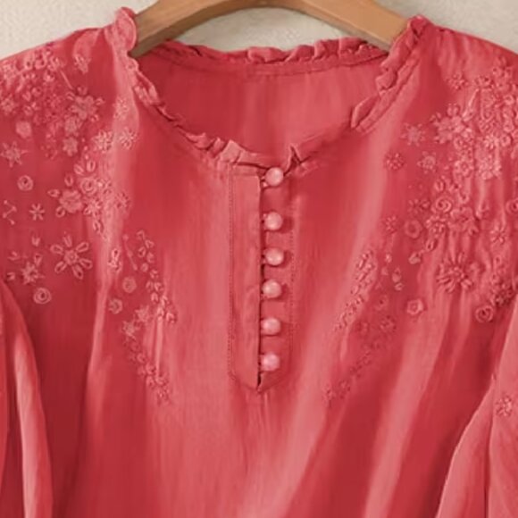 Coral embroidered ruffle edge viscose rayon balloon sleeve top NEW XL 16 18 - Picture 3 of 5